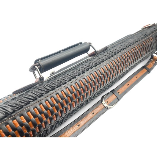 Тубус для кия ручной работы Professional, 1х1 чёрный с коричневым плетением, кожаный