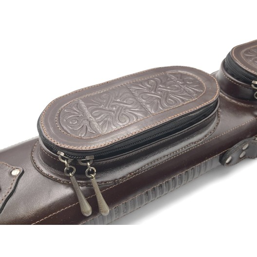 Тубус на 2 кия ручной работы Professional, 2х2 коричневый с орнаментом, кожаный