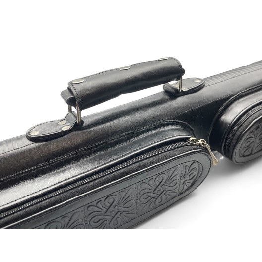 Тубус на 2 кия ручной работы Professional, 2х2 чёрный с орнаментом, кожаный