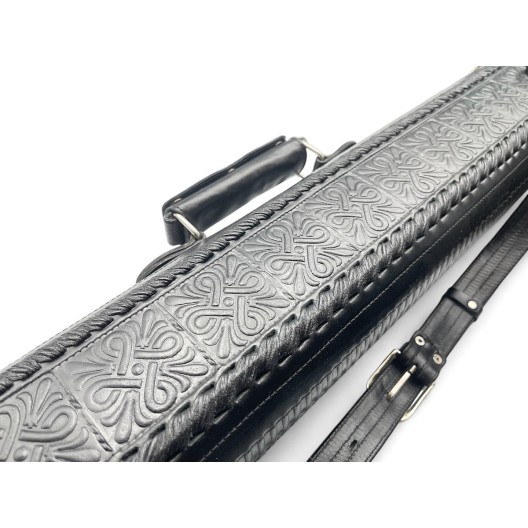 Тубус на 2 кия ручной работы Professional, 2х2 чёрный с орнаментом, кожаный